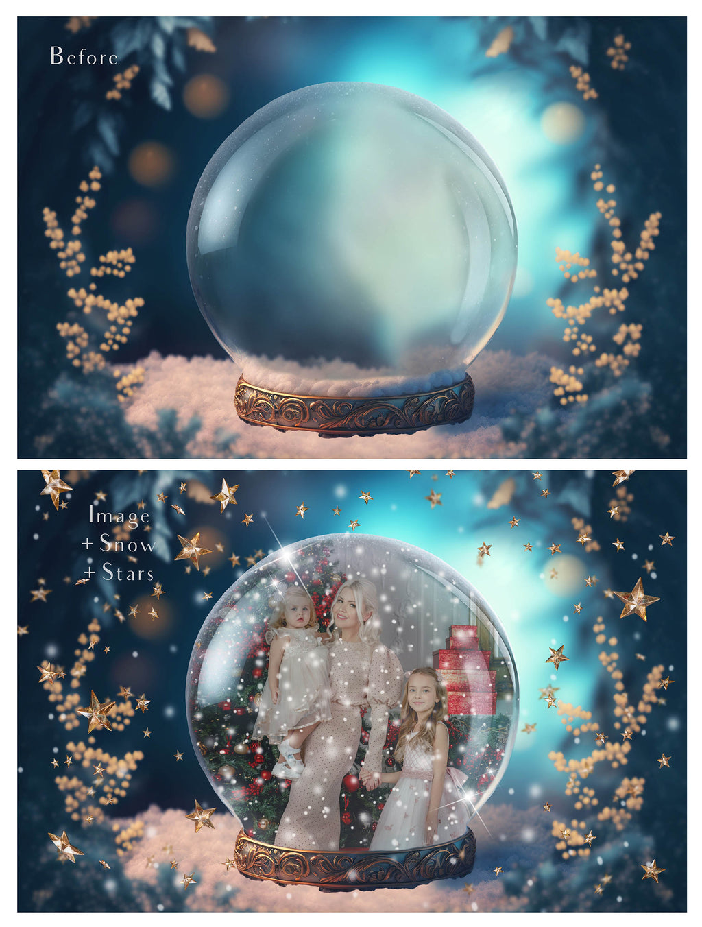 Digital background, Christmas Snow Globe Template for photoshop.  Includes jpeg background, png overlay background and snow overlays.  Video tutorial is also included in this PSD photoshop template. Perfect to add your own images. For Photography.