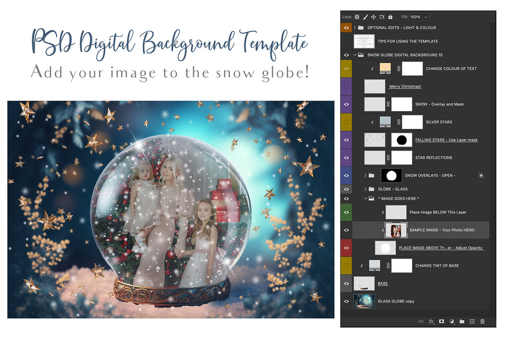 Digital background, Christmas Snow Globe Template for photoshop.  Includes jpeg background, png overlay background and snow overlays.  Video tutorial is also included in this PSD photoshop template. Perfect to add your own images. For Photography.