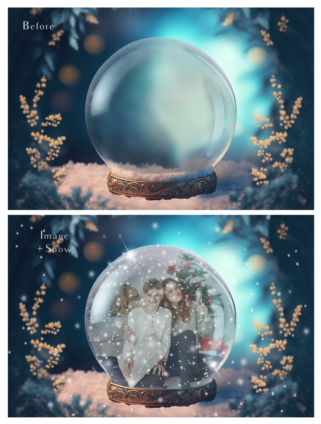 Digital background, Christmas Snow Globe Template for photoshop.  Includes jpeg background, png overlay background and snow overlays.  Video tutorial is also included in this PSD photoshop template. Perfect to add your own images. For Photography.