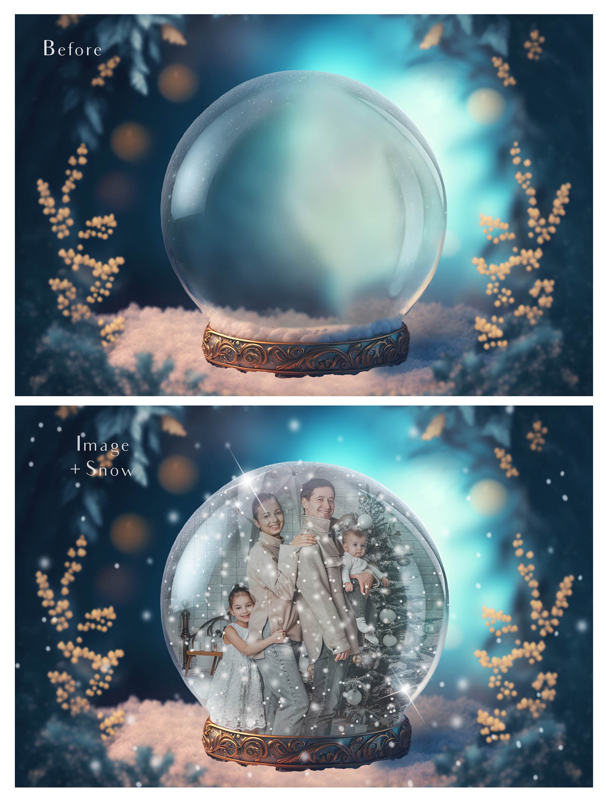 Digital background, Christmas Snow Globe Template for photoshop.  Includes jpeg background, png overlay background and snow overlays.  Video tutorial is also included in this PSD photoshop template. Perfect to add your own images. For Photography.