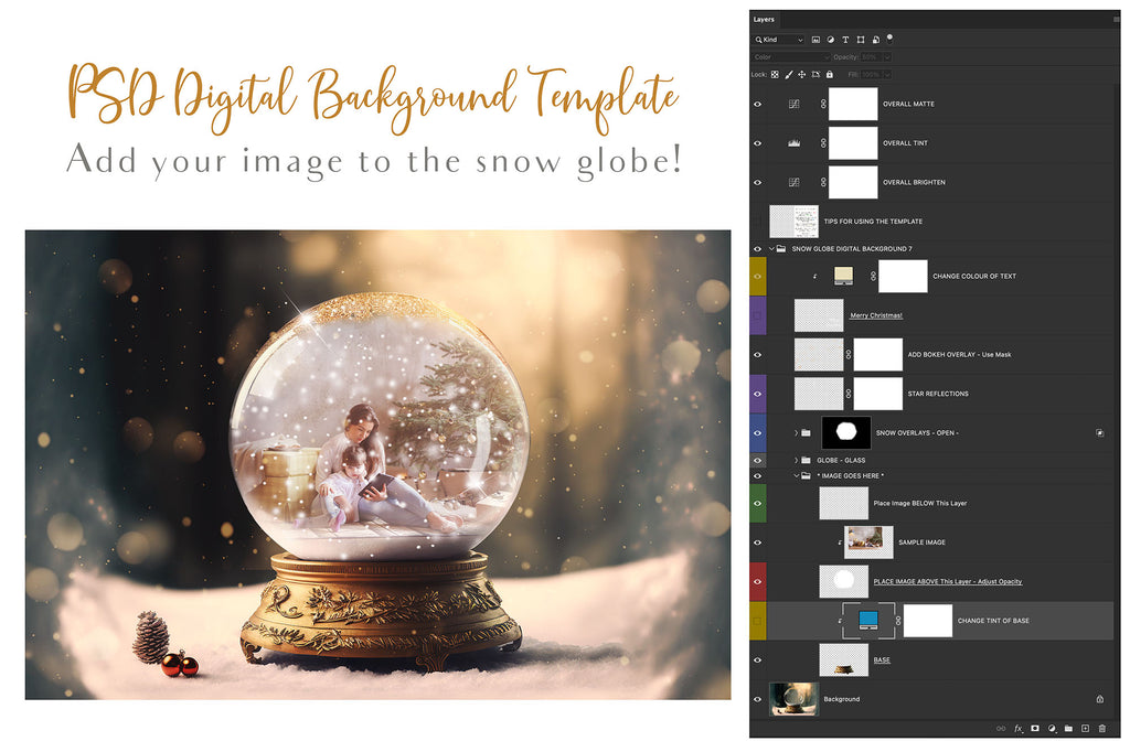 Digital Snow Globe Background, with snow Overlays and a PSD Template included in the set.The globe is transparent, perfect for you to add your own images and retain the snow globe effect. Photoshop Photography Background. Printable, Editable Card for Christmas with Santa Window or Glass Globe. ATP Textures