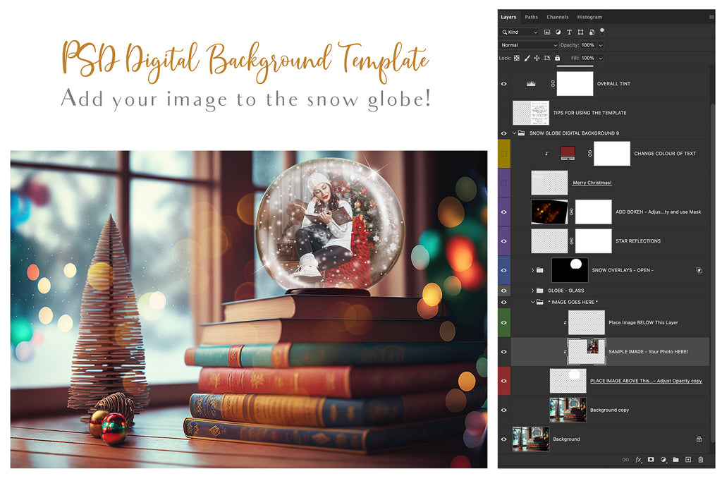 Digital Snow Globe Background, with snow Overlays and a PSD Template included in the set.The globe is transparent, perfect for you to add your own images and retain the snow globe effect. Photoshop Photography Background. Printable, Editable Card for Christmas with Santa Window or Glass Globe. ATP Textures