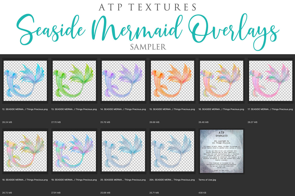 Mermaid Tail fin overlays in colourful tints. By ATP Textures