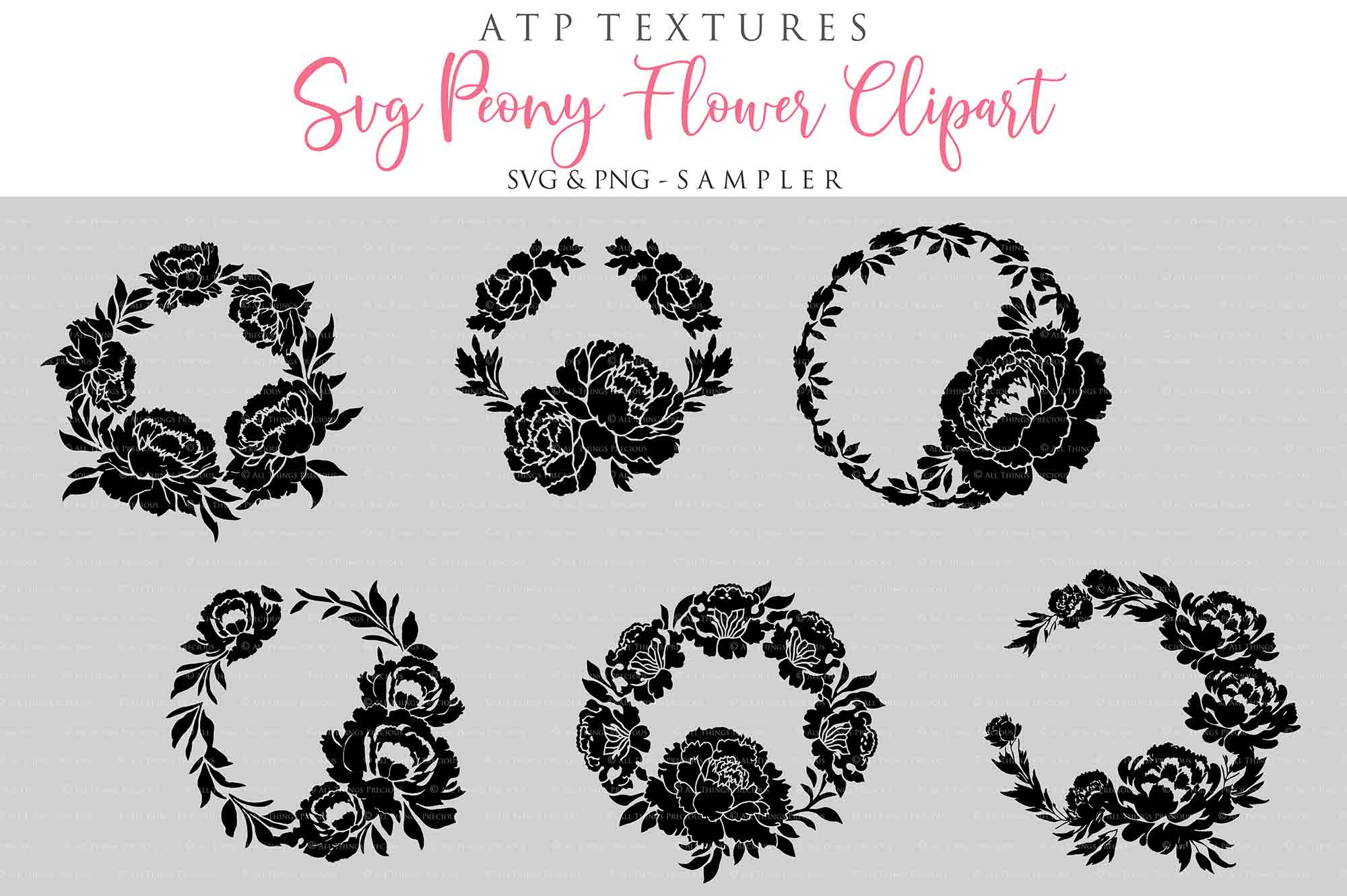 SVG & PNG PEONY WREATH Clipart / Digital Overlays