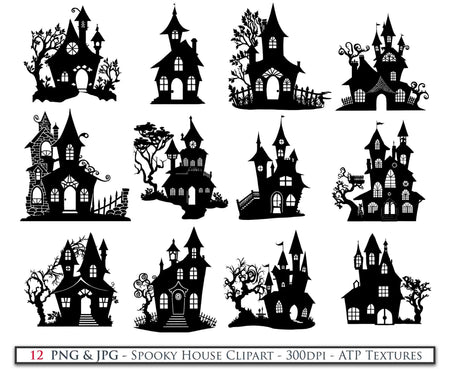 Spooky Halloween Houses Clipart. Svg, Png. High resolution. {Printable Sublimation file. Digital Download. Silhouette style. ATP Textures.