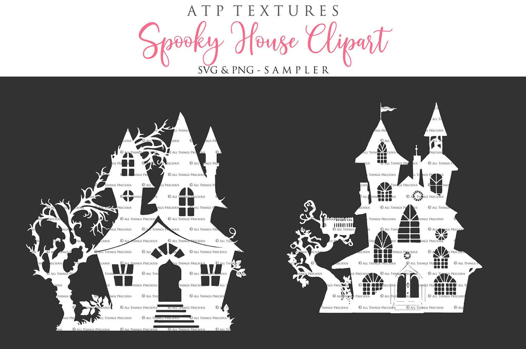 Spooky Halloween Houses Clipart. Svg, Png. High resolution. {Printable Sublimation file. Digital Download. Silhouette style. ATP Textures.