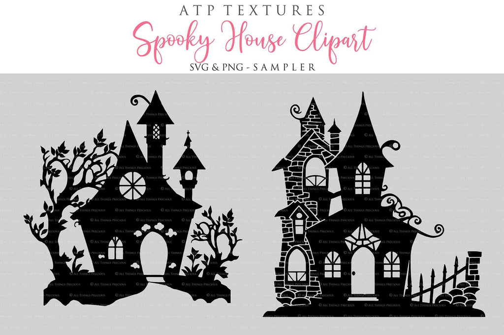 Spooky Halloween Houses Clipart. Svg, Png. High resolution. {Printable Sublimation file. Digital Download. Silhouette style. ATP Textures.