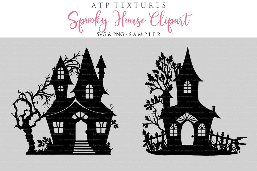 Spooky Halloween Houses Clipart. Svg, Png. High resolution. {Printable Sublimation file. Digital Download. Silhouette style. ATP Textures.