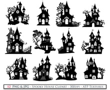 Load image into Gallery viewer, Spooky Halloween Houses Clipart. Svg, Png. High resolution. {Printable Sublimation file. Digital Download. Silhouette style. ATP Textures.
