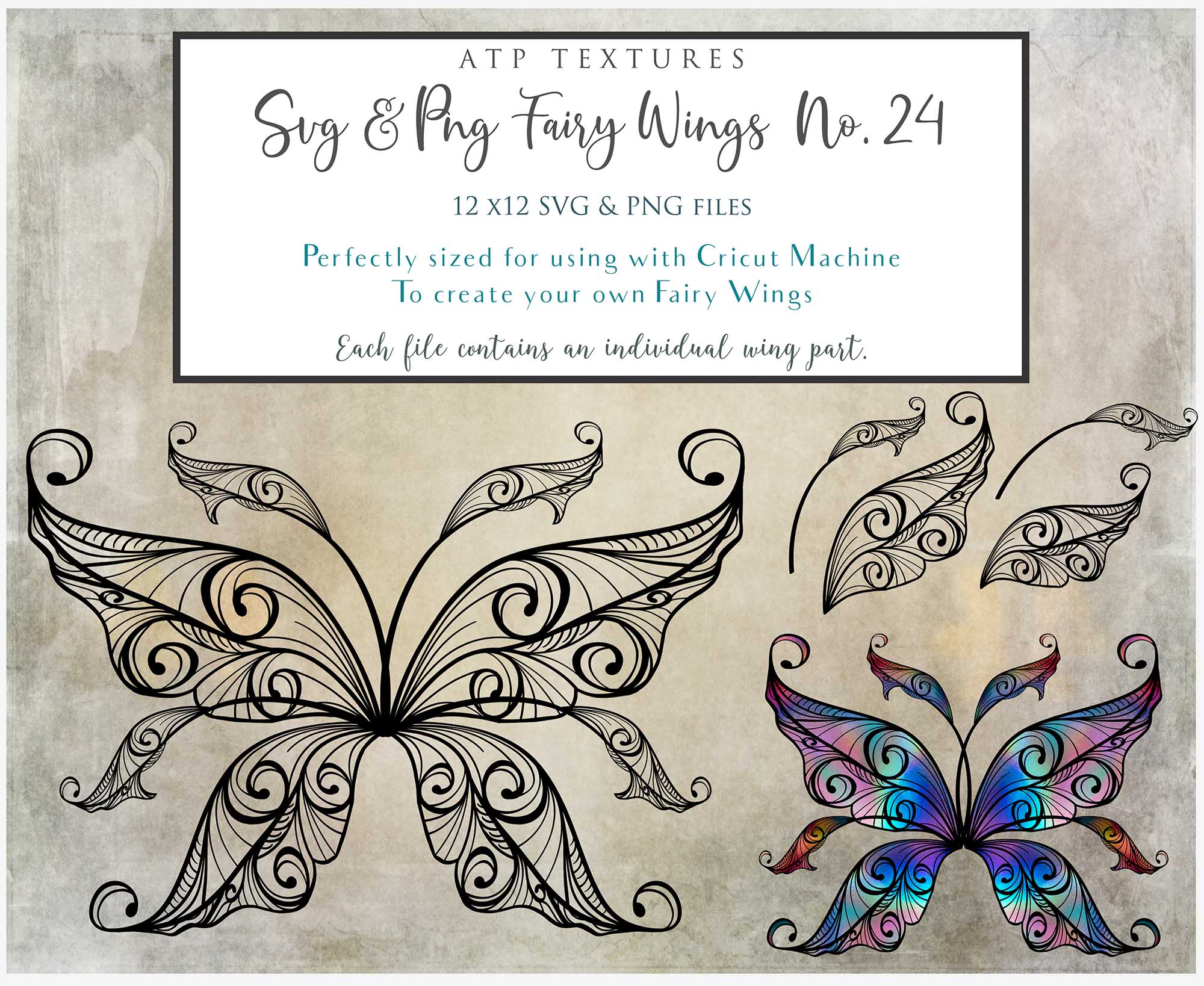 SVG & PNG Fairy Wing files for Cricut or Silhouette Cameo Cutting Machine. To create wearable fairy wings, in adult or children sizes.  Use this clipart design for Halloween Costumes, Fantasy or Cosplay or photography. Or use as ephemera in weddings, engagements or baby shower invitations. These are Individual wing parts, for you to cut and assemble. This is a digital product. 
