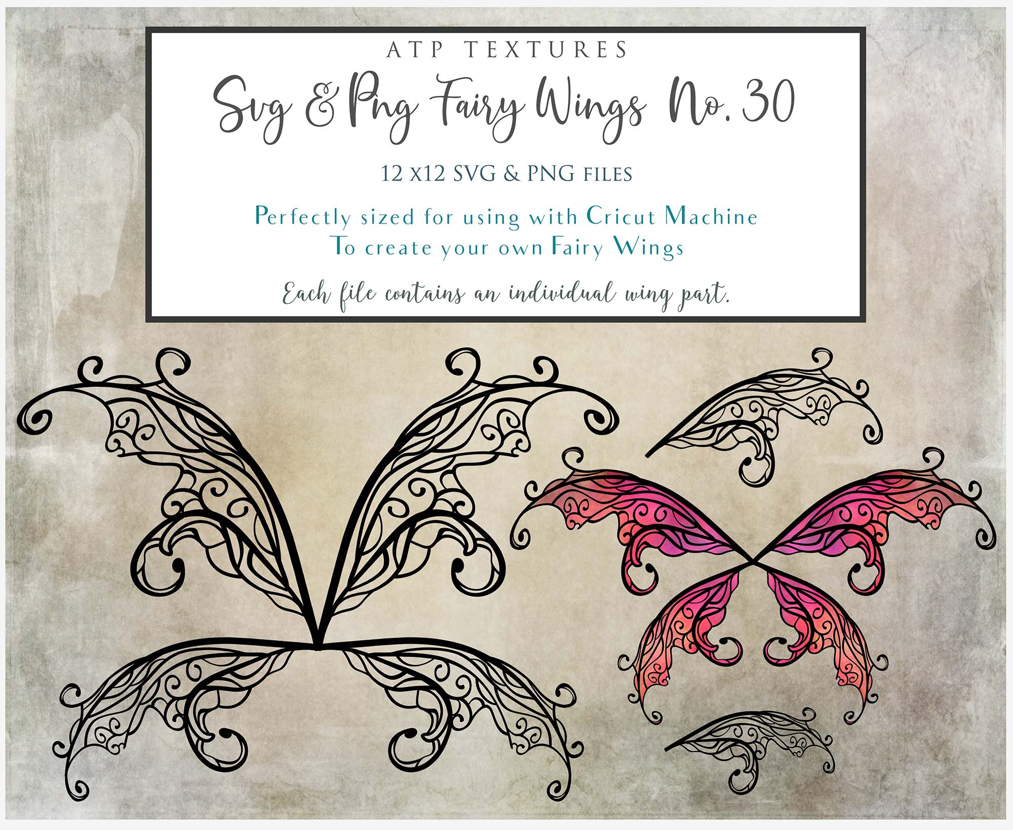 SVG & PNG Fairy Wing files for Cricut or Silhouette Cameo Cutting Machine. To create wearable fairy wings, in adult or children sizes.  Use this clipart design for Halloween Costumes, Fantasy or Cosplay or photography. Or use as ephemera in weddings, engagements or baby shower invitations. These are Individual wing parts, for you to cut and assemble. This is a digital product. 