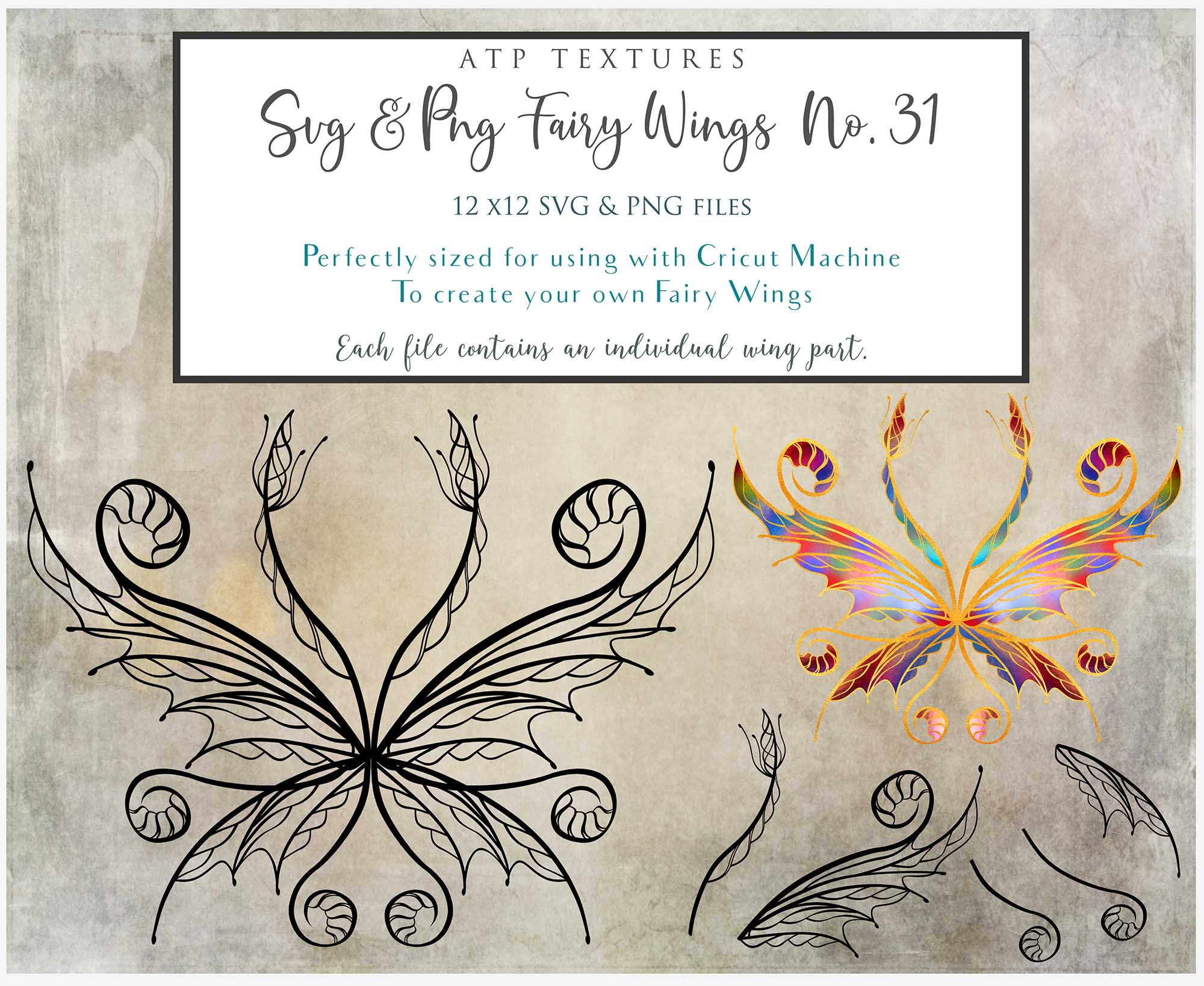 SVG & PNG Fairy Wing files for Cricut or Silhouette Cameo Cutting Machine. To create wearable fairy wings, in adult or children sizes.  Use this clipart design for Halloween Costumes, Fantasy or Cosplay or photography. Or use as ephemera in weddings, engagements or baby shower invitations. These are Individual wing parts, for you to cut and assemble. This is a digital product. 