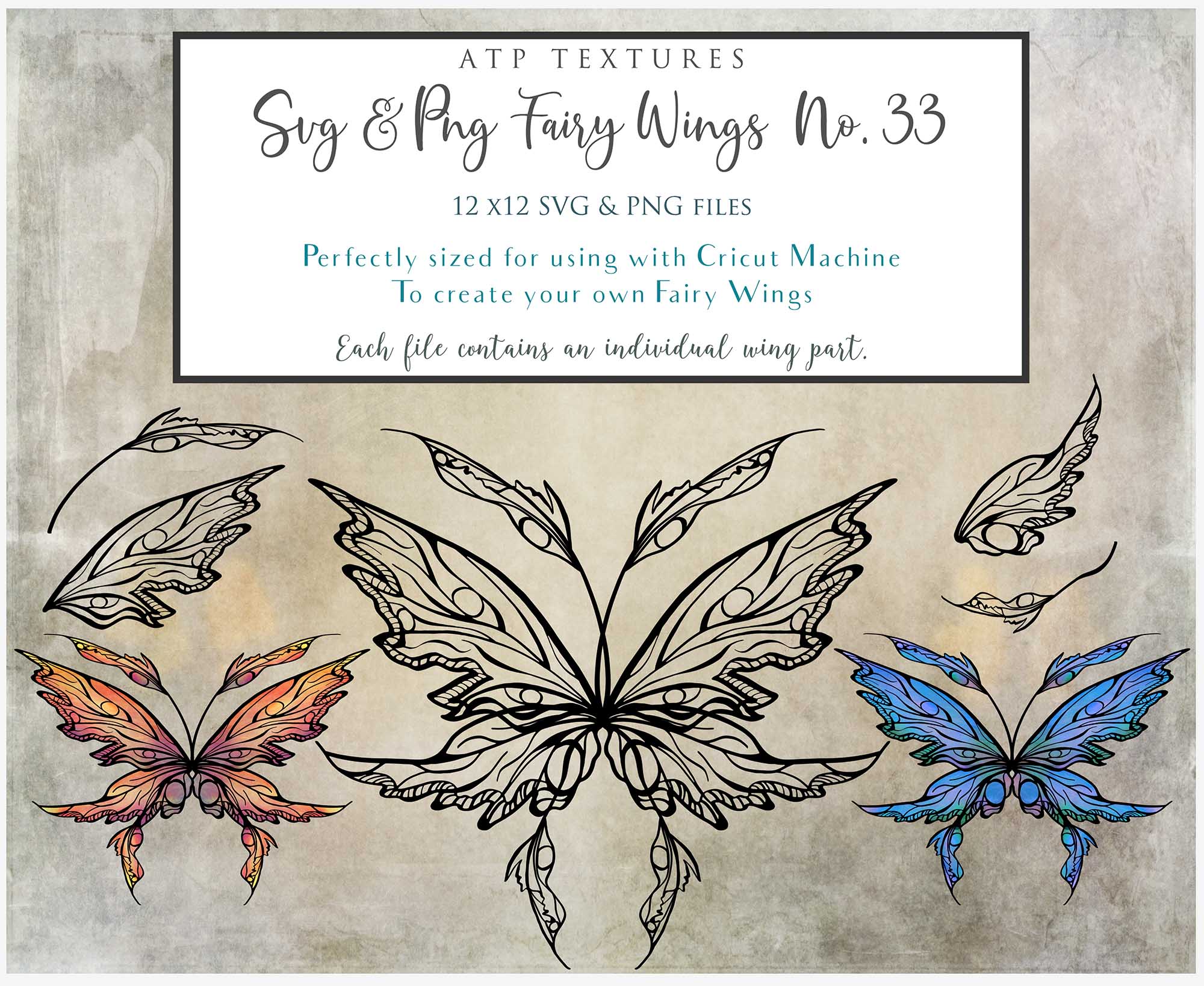 SVG & PNG Fairy Wing files for Cricut or Silhouette Cameo Cutting Machine. To create wearable fairy wings, in adult or children sizes.  Use this clipart design for Halloween Costumes, Fantasy or Cosplay or photography. Or use as ephemera in weddings, engagements or baby shower invitations. These are Individual wing parts, for you to cut and assemble. This is a digital product. 