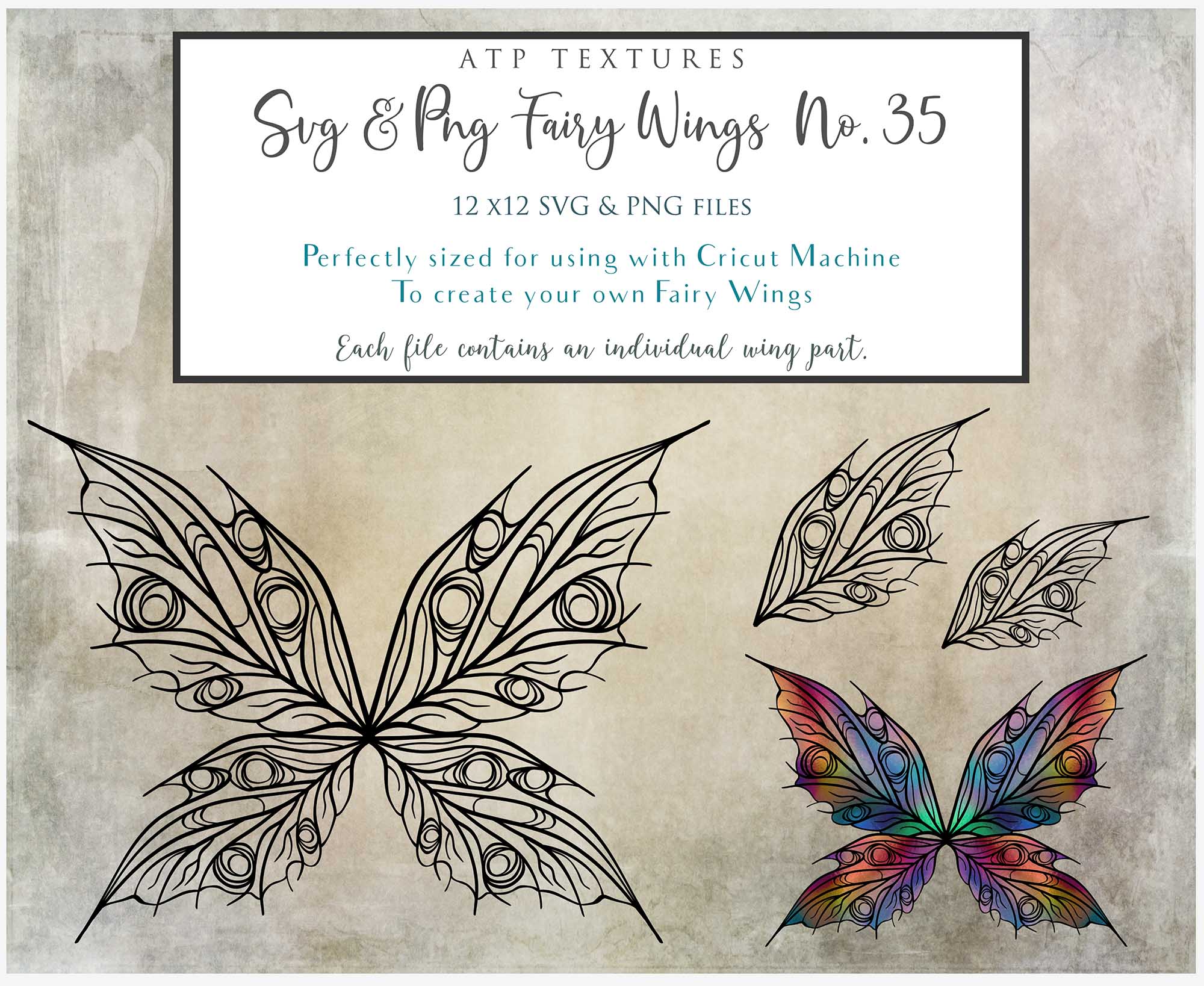 SVG & PNG Fairy Wing files for Cricut or Silhouette Cameo Cutting Machine. To create wearable fairy wings, in adult or children sizes.  Use this clipart design for Halloween Costumes, Fantasy or Cosplay or photography. Or use as ephemera in weddings, engagements or baby shower invitations. These are Individual wing parts, for you to cut and assemble. This is a digital product. 