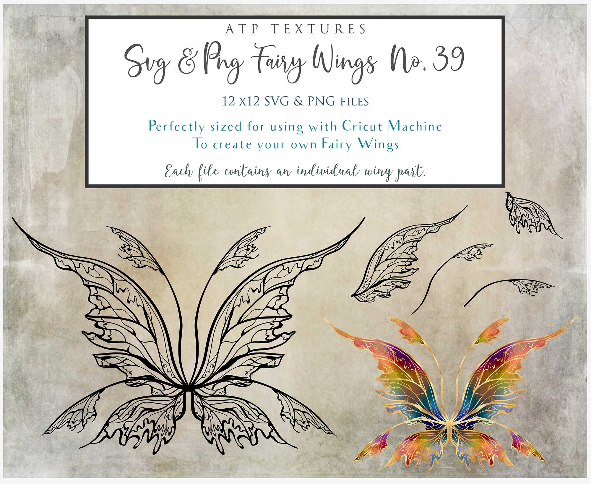 SVG & PNG Fairy Wing files for Cricut or Silhouette Cameo Cutting Machine. To create wearable fairy wings, in adult or children sizes.  Use this clipart design for Halloween Costumes, Fantasy or Cosplay or photography. Or use as ephemera in weddings, engagements or baby shower invitations. These are Individual wing parts, for you to cut and assemble. This is a digital product. 