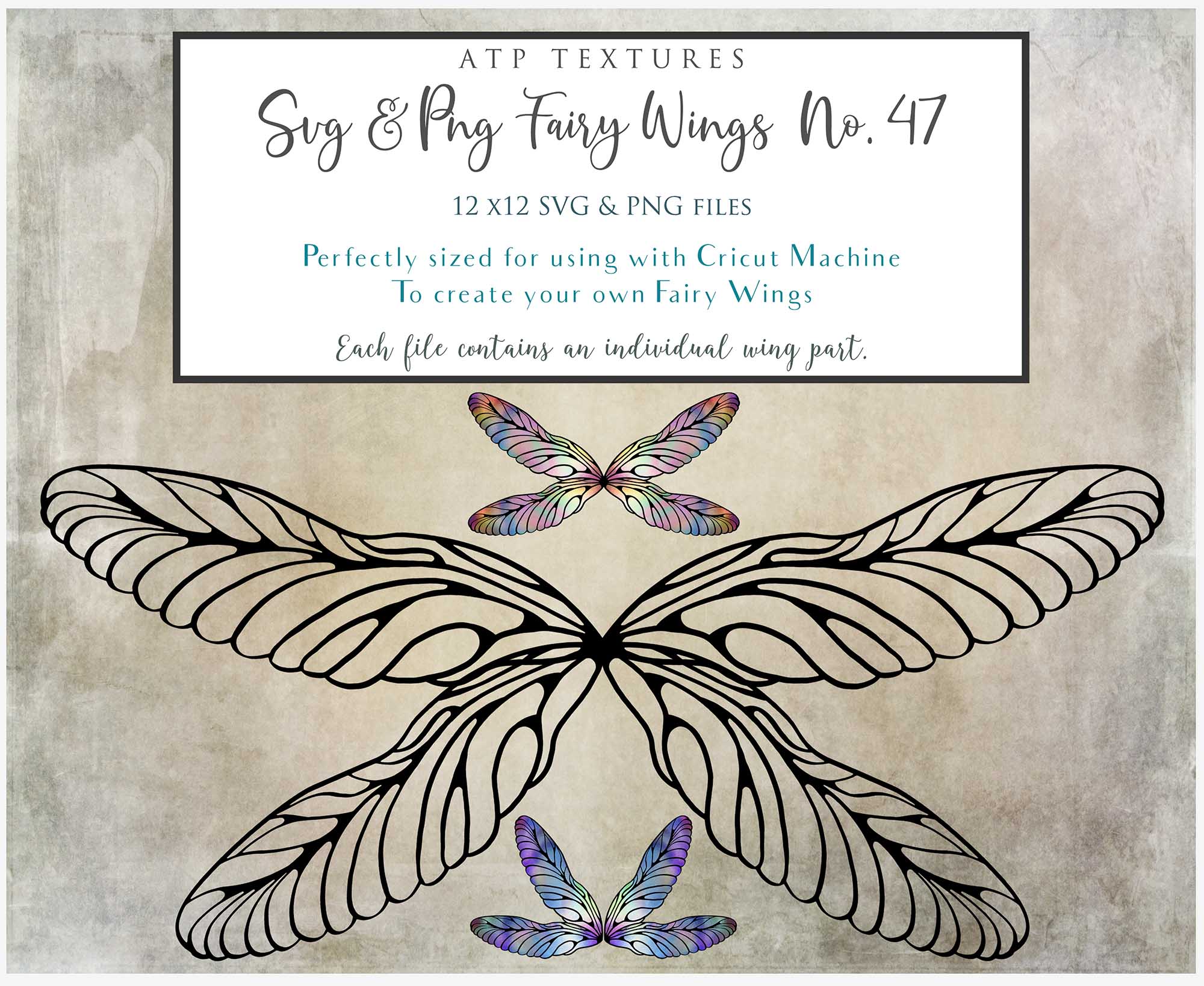 SVG & PNG Fairy Wing files for Cricut or Silhouette Cameo Cutting Machine. Create wearable fairy wings, in adult or children sizes.  Clipart design for Halloween Costumes, Fantasy or Cosplay or photography. Printable for weddings, engagement, baby shower invitations. Individual wing parts. Cut and assemble. Fairycore.