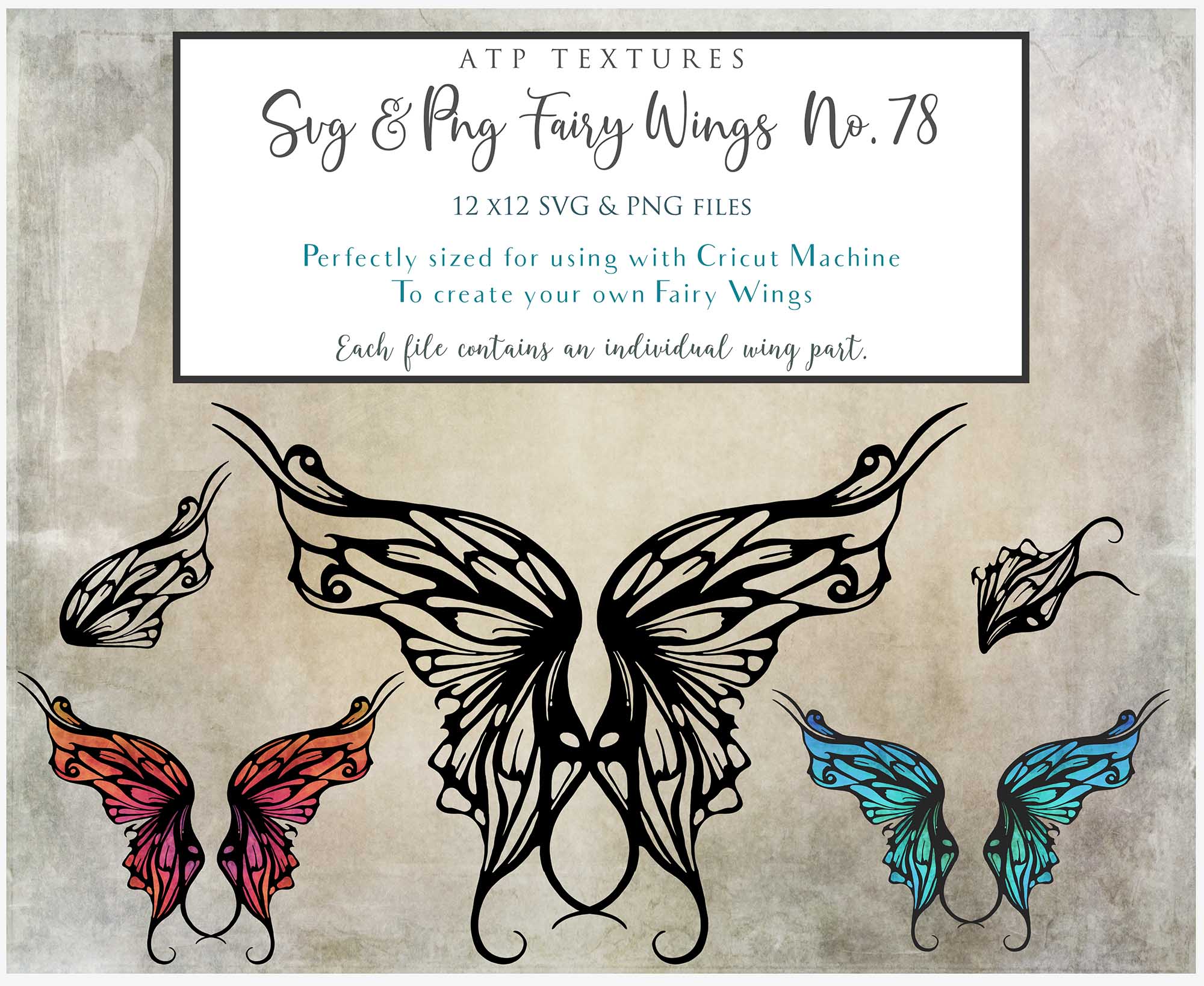 SVG & PNG Fairy/Angel Wing files for Cricut, Silhouette Cameo and other Cutting Machines. Create wearable fairy wings, all sizes. Perfect for Halloween Costumes, Fantasy, Cosplay, Photography. Prints, Wedding, Engagement, Baby Shower invitations, Sublimation Printing, Clip Art and more. Cut and assemble. ATP Textures.