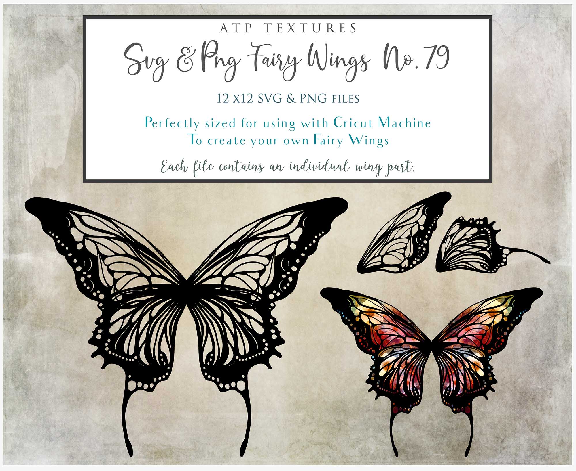 SVG & PNG Fairy/Angel Wing files for Cricut, Silhouette Cameo and other Cutting Machines. Create wearable fairy wings, all sizes. Perfect for Halloween Costumes, Fantasy, Cosplay, Photography. Prints, Wedding, Engagement, Baby Shower invitations, Sublimation Printing, Clip Art and more. Cut and assemble. ATP Textures.