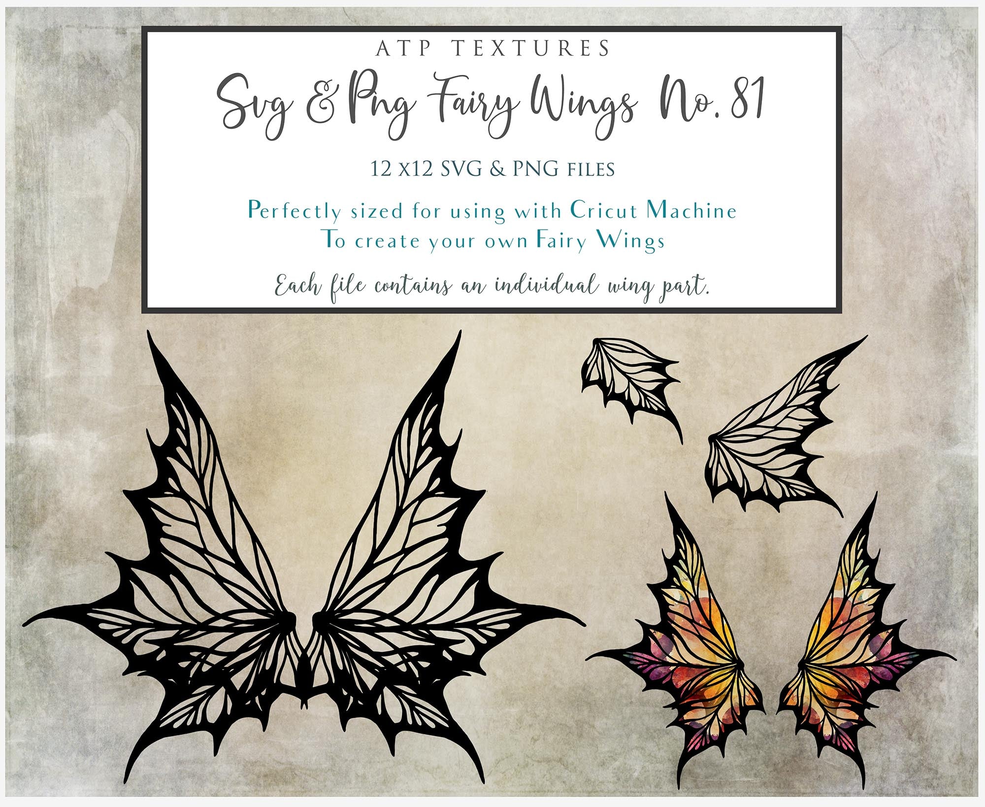SVG & PNG Fairy/Angel Wing files for Cricut, Silhouette Cameo and other Cutting Machines. Create wearable fairy wings, all sizes. Perfect for Halloween Costumes, Fantasy, Cosplay, Photography. Prints, Wedding, Engagement, Baby Shower invitations, Sublimation Printing, Clip Art and more. Cut and assemble. ATP Textures.