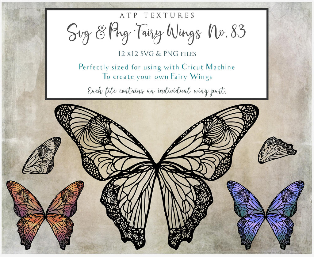 SVG & PNG Fairy/Angel Wing files for Cricut, Silhouette Cameo and other Cutting Machines. Create wearable fairy wings, all sizes. Perfect for Halloween Costumes, Fantasy, Cosplay, Photography. Prints, Wedding, Engagement, Baby Shower invitations, Sublimation Printing, Clip Art and more. Cut and assemble. ATP Textures.