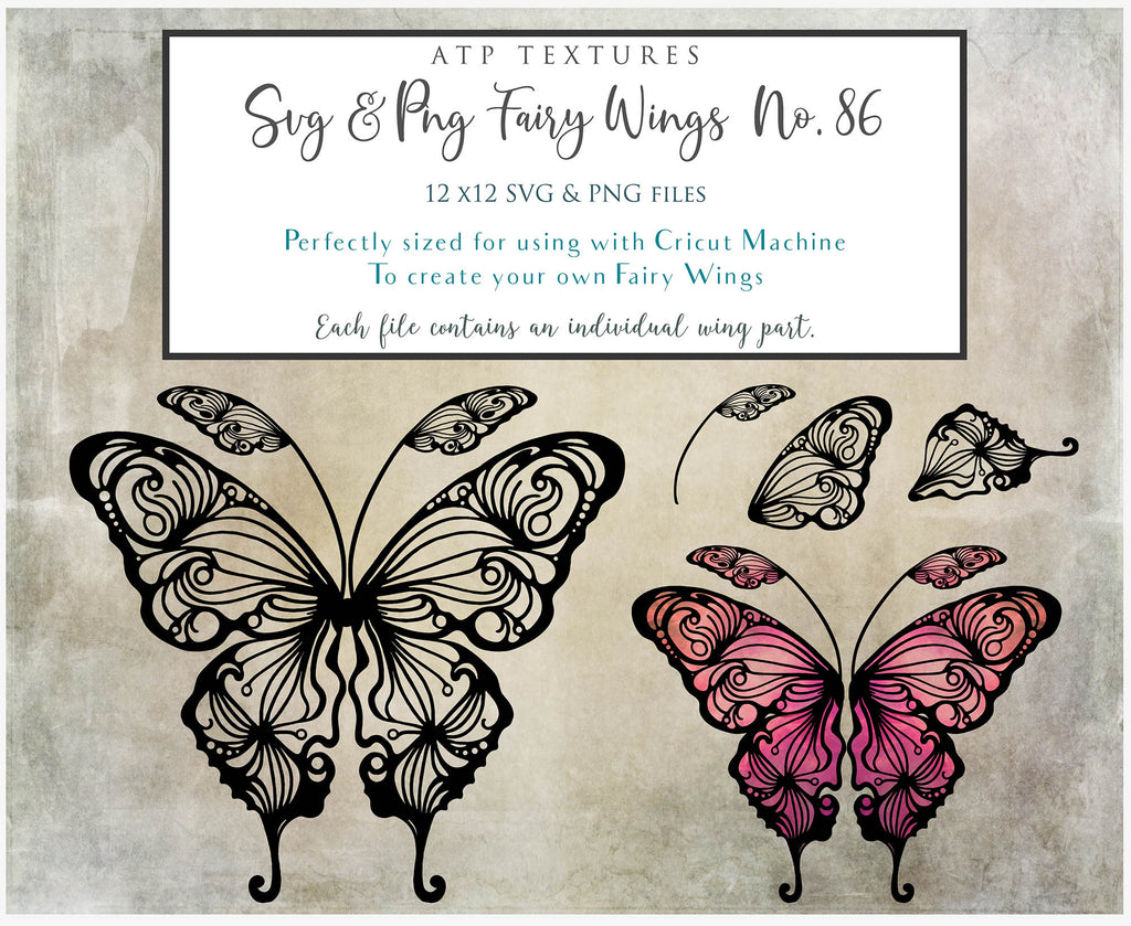 SVG & PNG Fairy/Angel Wing files for Cricut, Silhouette Cameo and other Cutting Machines. Create wearable fairy wings, all sizes. Perfect for Halloween Costumes, Fantasy, Cosplay, Photography. Prints, Wedding, Engagement, Baby Shower invitations, Sublimation Printing, Clip Art and more. Cut and assemble. ATP Textures.