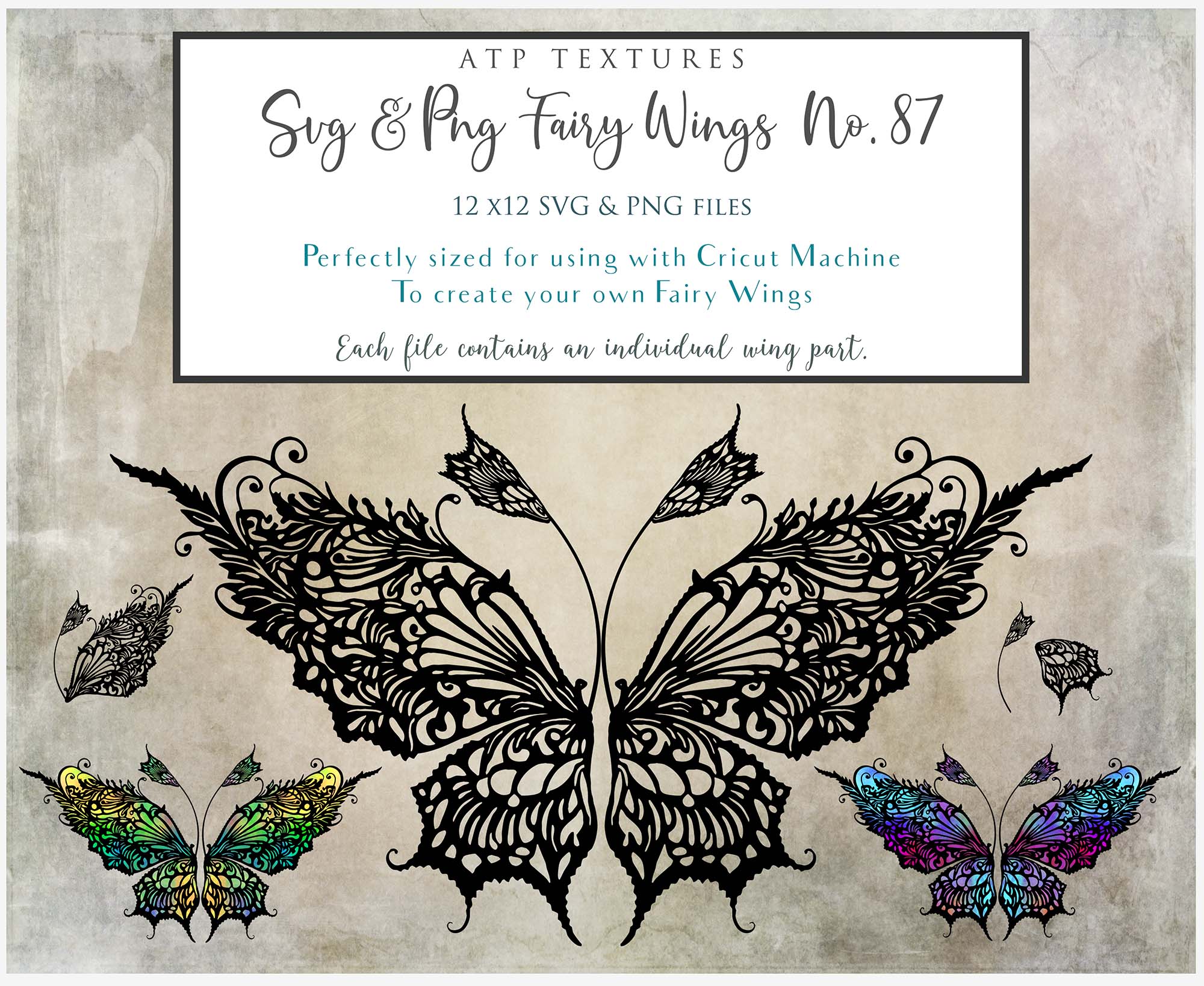 SVG & PNG Fairy/Angel Wing files for Cricut, Silhouette Cameo and other Cutting Machines. Create wearable fairy wings, all sizes. Perfect for Halloween Costumes, Fantasy, Cosplay, Photography. Prints, Wedding, Engagement, Baby Shower invitations, Sublimation Printing, Clip Art and more. Cut and assemble. ATP Textures.
