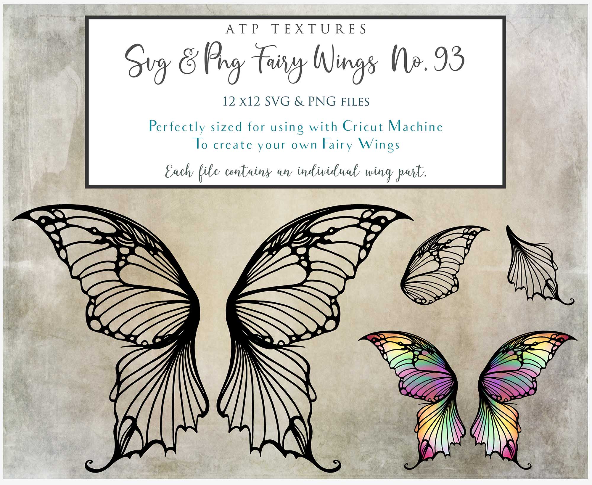 SVG & PNG Fairy/Angel Wing files for Cricut, Silhouette Cameo and other Cutting Machines. Create wearable fairy wings, all sizes. Perfect for Halloween Costumes, Fantasy, Cosplay, Photography. Prints, Wedding, Engagement, Baby Shower invitations, Sublimation Printing, Clip Art and more. Cut and assemble. ATP Textures.