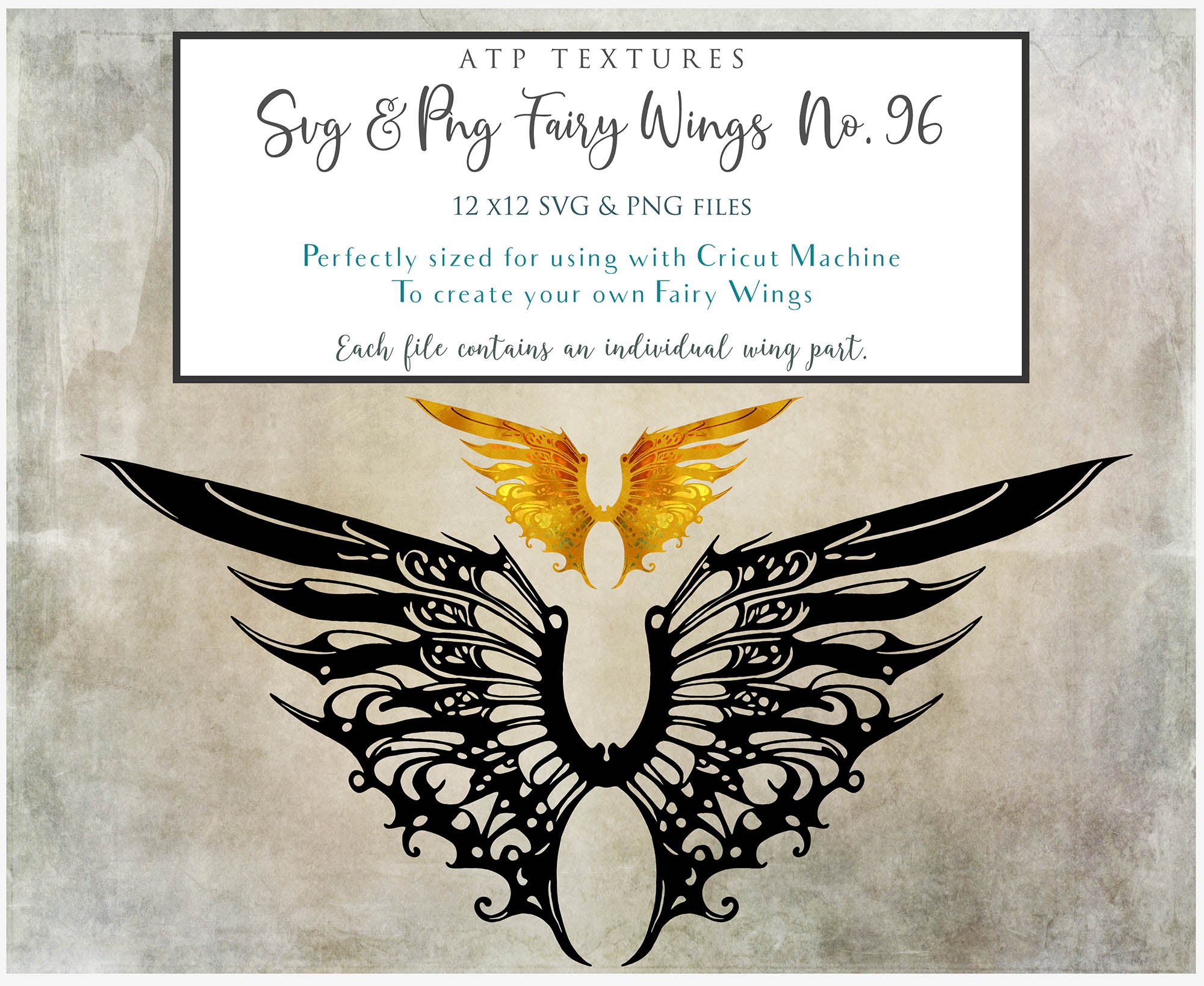 SVG & PNG Fairy/Angel Wing files for Cricut, Silhouette Cameo and other Cutting Machines. Create wearable fairy wings, all sizes. Perfect for Halloween Costumes, Fantasy, Cosplay, Photography. Prints, Wedding, Engagement, Baby Shower invitations, Sublimation Printing, Clip Art and more. Cut and assemble. ATP Textures.