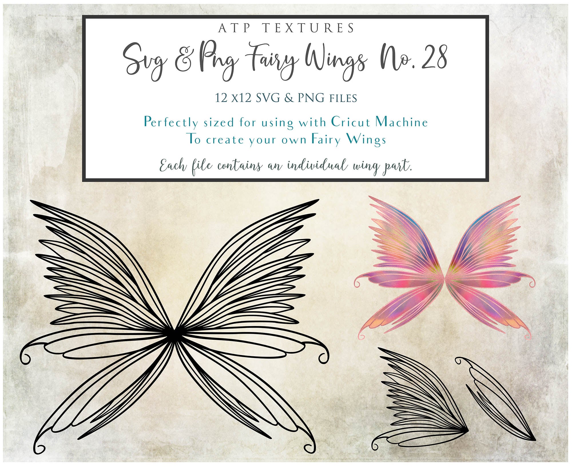 SVG & PNG Fairy Wing files for Cricut or Silhouette Cameo Cutting Machine. To create wearable fairy wings, in adult or children sizes.  Use this clipart design for Halloween Costumes, Fantasy or Cosplay or photography. Or For weddings, Engagements or baby shower ephemera. These are Individual Wing Pieces, for you to cut and assemble. This is a digital product. 