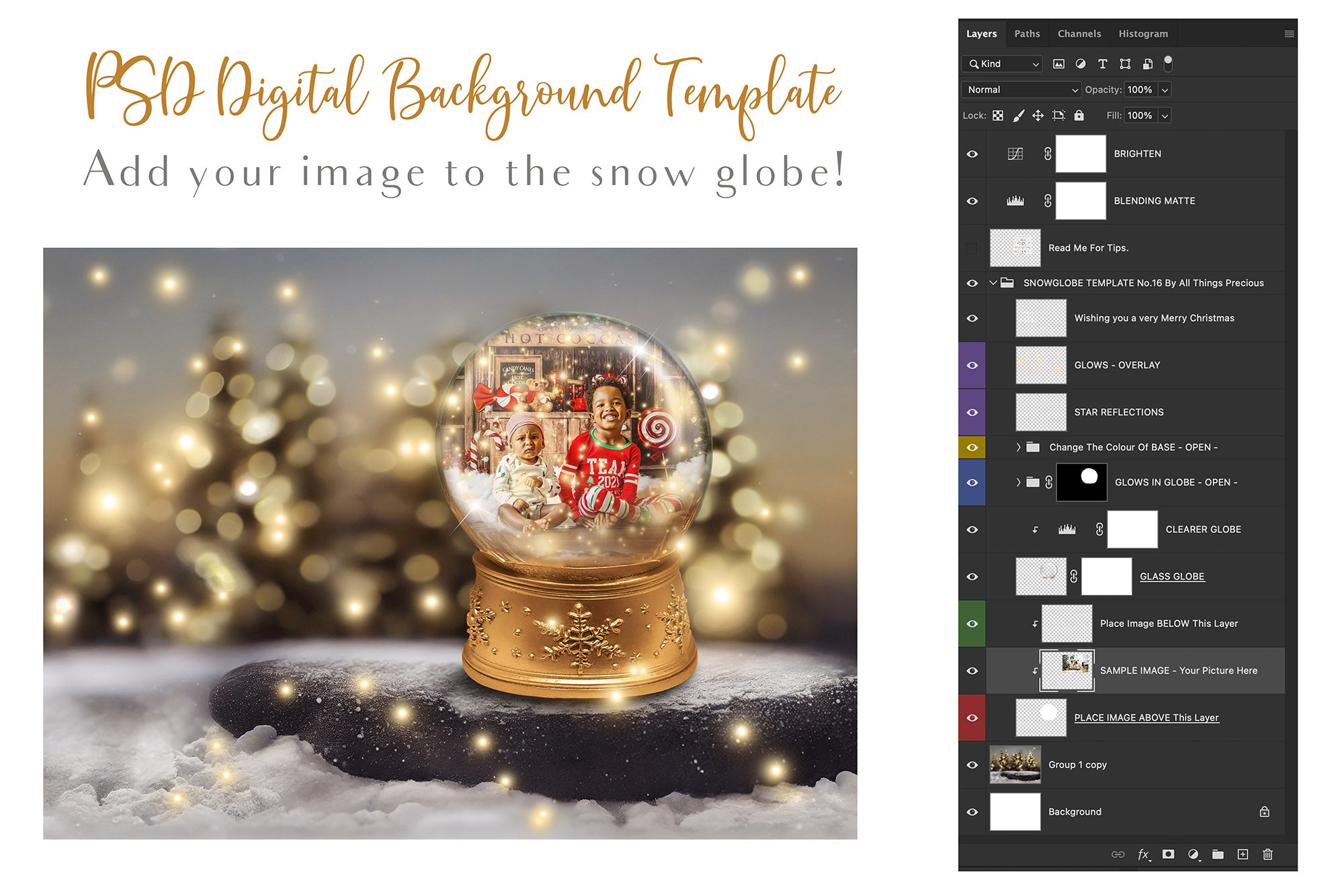 Christmas Snow Globe Announcement PSD template and Overlays. Digital Background, with Glows and Star Overlays. The globe is transparent, perfect for you to add your own images and retain the glass see through effect.This file is 6000 x 4000, 300dpi. Photography, Scrapbooking, Png, Jpeg, Psd. ATP Textures.