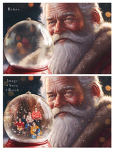 Load image into Gallery viewer, Digital background, Christmas Snow Globe Template for photoshop.  Includes jpeg background, png overlay background and snow overlays.  Video tutorial is also included in this PSD photoshop template. Perfect to add your own images. For Photography.
