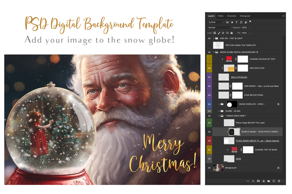 Digital background, Christmas Snow Globe Template for photoshop.  Includes jpeg background, png overlay background and snow overlays.  Video tutorial is also included in this PSD photoshop template. Perfect to add your own images. For Photography.