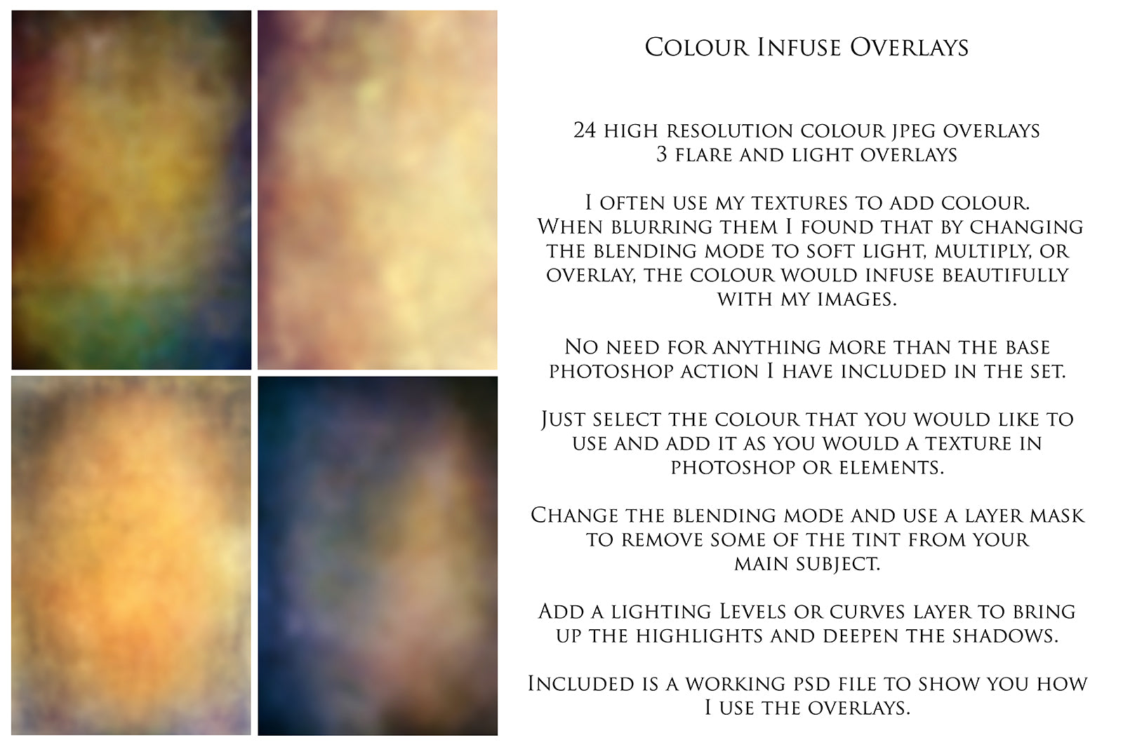 Colour Infuse Overlays for photography. Photoshop Actions, Png flare, colour, fine art photo editing. High resolution. Graphic colour assets for photographers. Digital download design. Peek through soft colour add on. Bundles for inspiration. Beautiful design. Creative Photo Professional quality. Atp textures.