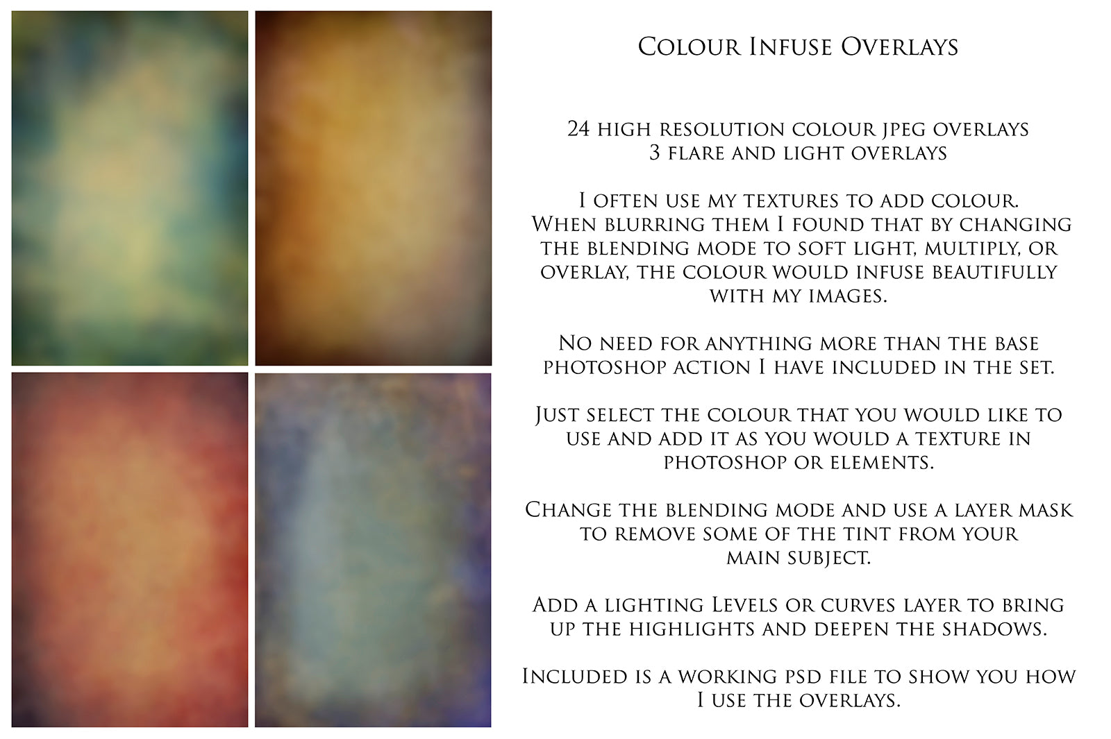 Colour Infuse Overlays for photography. Photoshop Actions, Png flare, colour, fine art photo editing. High resolution. Graphic colour assets for photographers. Digital download design. Peek through soft colour add on. Bundles for inspiration. Beautiful design. Creative Photo Professional quality. Atp textures.