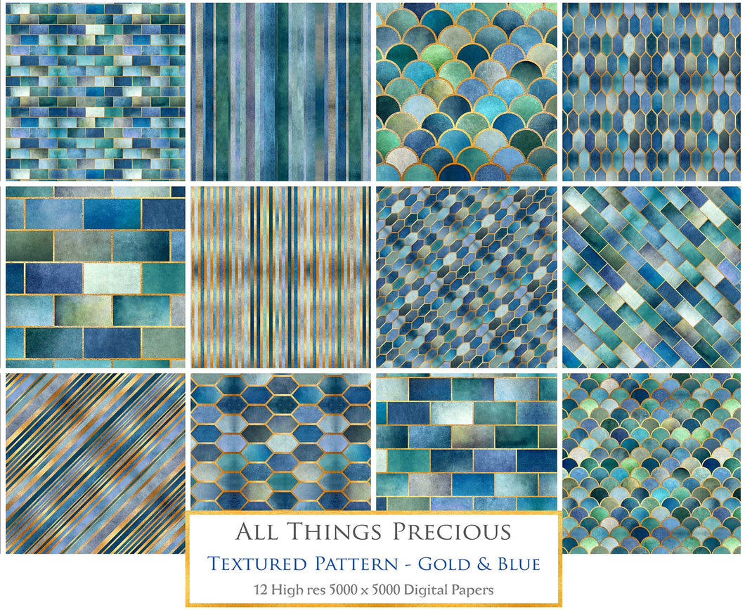 TEXTURED PATTERN - Gold & Blue - Digital Papers