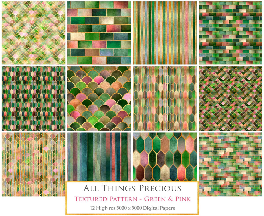 TEXTURED PATTERN - Gold, Green & Pink - Digital Papers