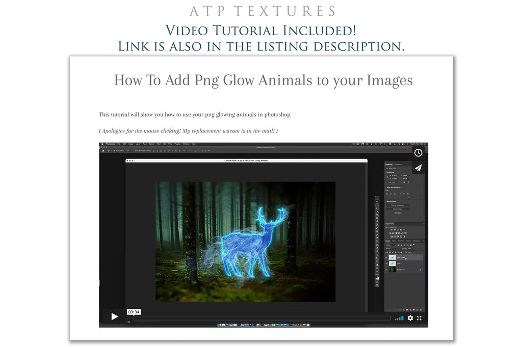 Overlays. Png deer style with 4 colour variations. A total of 16 png overlays. 1 PSD template and Video tutorial. ATP Textures. Graphic Assets and digital art design for Photographers. ATP Textures.